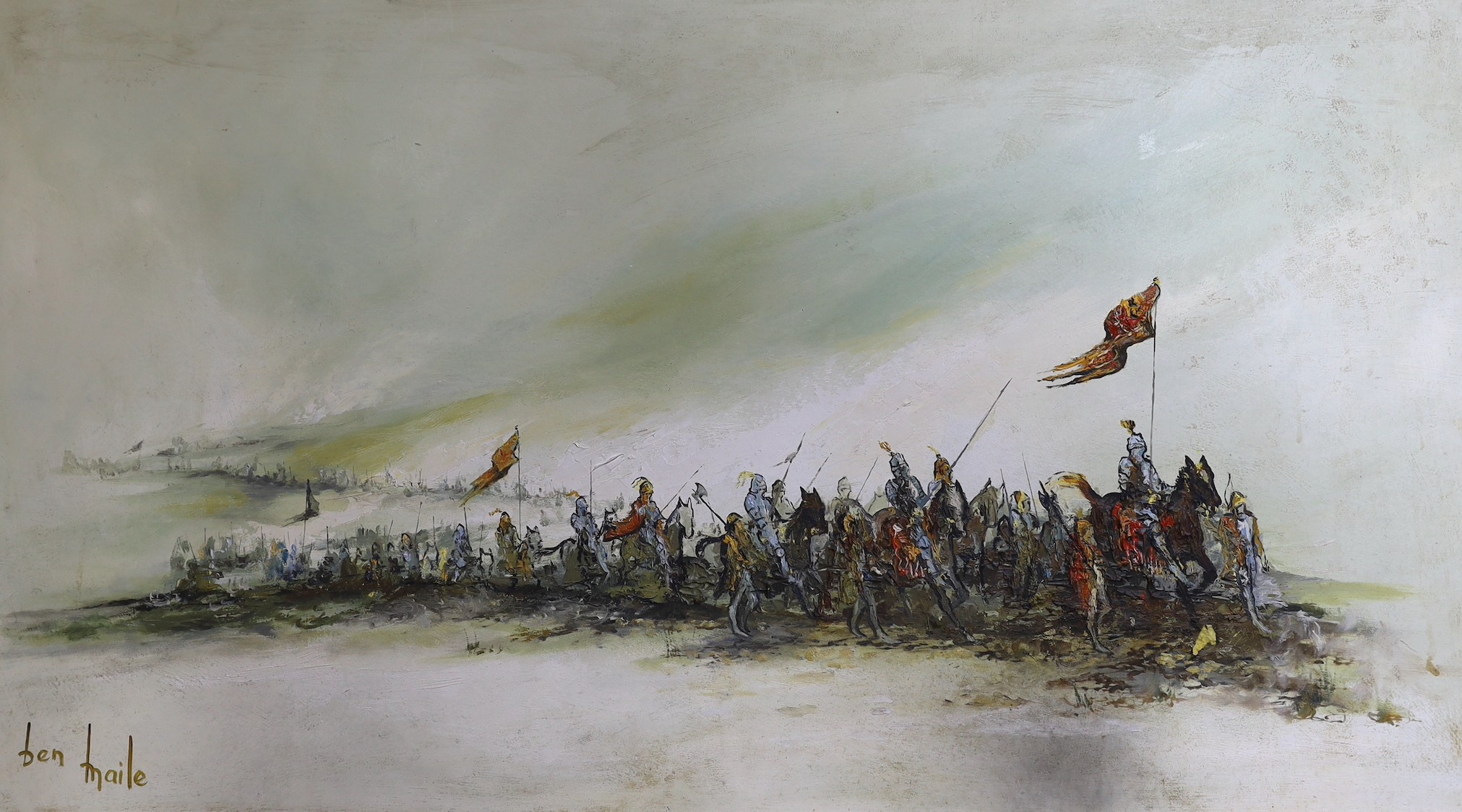 Ben Maile (1922-2017), oil on board, Procession of knights, signed, 66 x 120 cm.